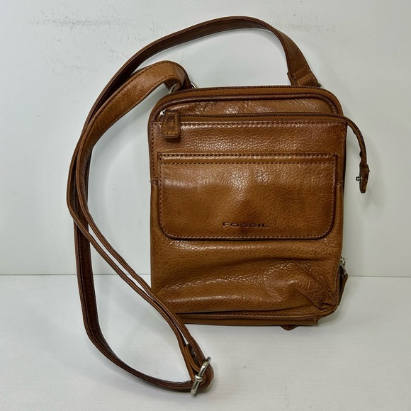 Fossil Handbags - Vintage Fossil Cognac Brown Leather Multi-Compartment Crossbody Bag